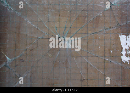 Verre de sécurité cassé avec des fissures qui rayonnent vers l'extérieur dans une formation web spiders Banque D'Images