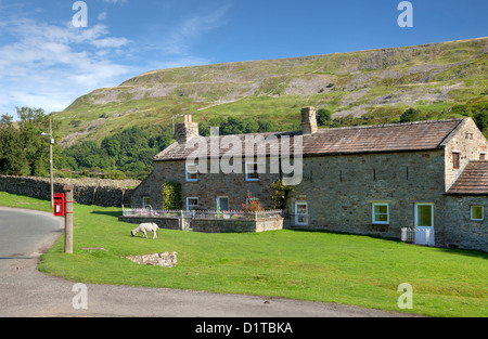 Maison en pierre avec post box et les moutons, Reeth, Yorkshire, Angleterre Banque D'Images