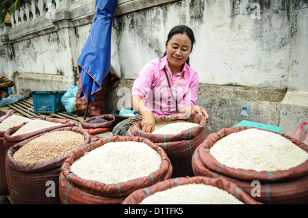 Riz à vendre au marché du matin Luang Prabang Laos // LUANG PRABANG, Laos — de grands sacs de riz sont exposés à la vente au marché du matin de Luang Prabang. Le riz est la nourriture de base du Laos et occupe une place centrale dans la cuisine lao et la vie quotidienne. Le marché du matin est un lieu de rassemblement traditionnel où les vendeurs locaux vendent des produits frais et des biens essentiels aux résidents et aux visiteurs. Luang Prabang, site classé au patrimoine mondial de l'UNESCO, est situé dans le nord du Laos, le long du fleuve Mékong. La ville est connue pour préserver la culture et l'architecture traditionnelles lao. Le Mékong environnant va Banque D'Images
