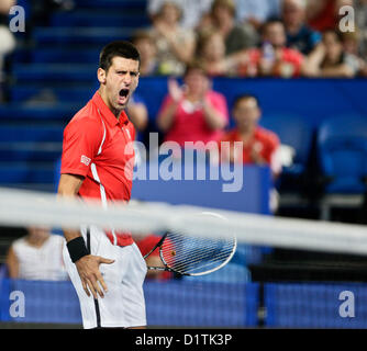 05.01.2013 Perth, Australie. Novak Djokovic (SER) réagit à gagner un point contre l'Espagne lors de la finale de la Hopman cup Hyundai entre la Serbie et l'Espagne de la Perth Arena. Banque D'Images