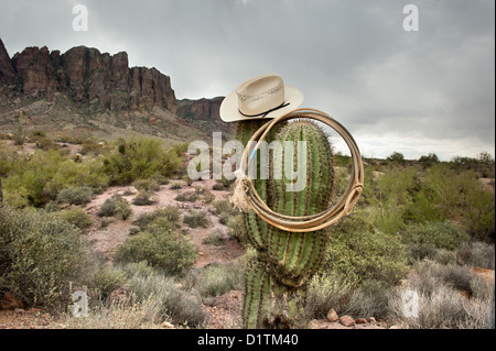 Un moody image d'un chapeau de cowboy et lasso accroché sur saguaro cactus dans les montagnes de la superstition en Arizona. Banque D'Images