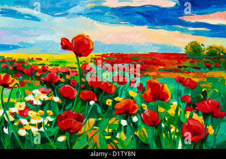 Peinture à l'huile originale de pavot à opium (Papaver somniferum) champ en face du magnifique coucher de soleil sur la toile.L'impressionnisme moderne Banque D'Images
