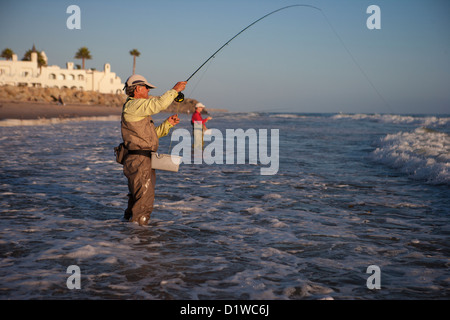 La pêche de mouche pour la perche dans la plage de surf à Padaro, Carpinteria, en Californie, États-Unis d'Amérique Banque D'Images