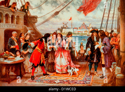 Captain Kidd dans le port de New York - Le Capitaine William Kidd accueil d'une jeune femme à bord de son navire ; d'autres hommes et femmes foule le pont comme une autre femme comme suit à bord. Banque D'Images