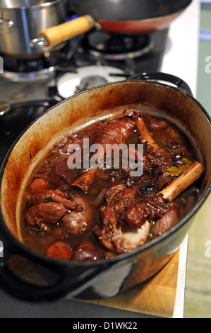 Hiver copieux cocotte de souris d'agneau cuite jambes lentement dans le vin rouge et fines herbes Banque D'Images