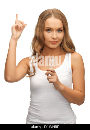 Femme avec ampoule à économie d'énergie Banque D'Images