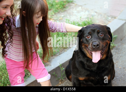 Petite fille avec un grand chien noir Banque D'Images