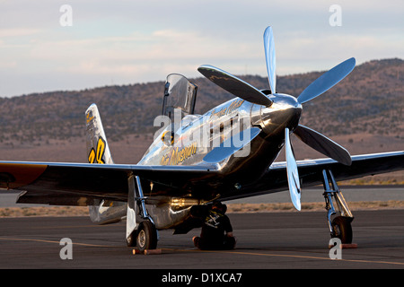 Un métal précieux membre de l'équipe tend à le P-51 Mustang Air Racer illimité pendant le Championnat national 2012 Reno Air Races Banque D'Images