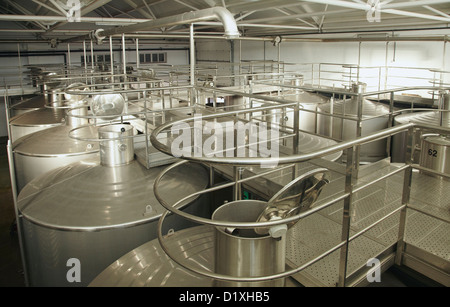 Les citernes à vin la vinification coopérative. Lanciego. Route des vins de la Rioja Alavesa. L'Alava. Pays Basque. Espagne Banque D'Images