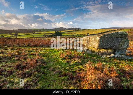 Les roches de granit sur la lande à Hayne vers le bas avec vue sur campagne vallonnée, dans le parc national du Dartmoor. Banque D'Images