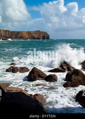 Le littoral du Pembrokeshire, à St Govan's Head près de Bosherston avec rochers, hautes falaises et le fracas des vagues South Wales UK Banque D'Images