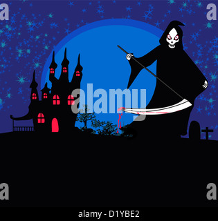 Grim Reaper avec signe d'Halloween - vector illustration. Banque D'Images