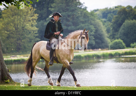 Frederiksborger avec rider en costume historique trottant dans le jardin de Frederiksborg Palace Banque D'Images