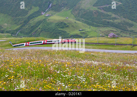 Glacier Express entre Andermatt et l'Naetschen station sur son chemin jusqu'à l'Oberalppass, vallée d'Urseren, Uri, Suisse Banque D'Images