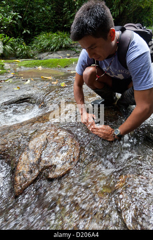 Un jeune homme, un Indio, montrant une ammonite géante dans un ruisseau, Amazone, Equateur, Amérique du Sud Banque D'Images