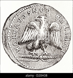 Pièce de monnaie romaine avec eagle inscription roulement IVPITER restaurateur. La gravure sur bois victorien circa 1845 Banque D'Images