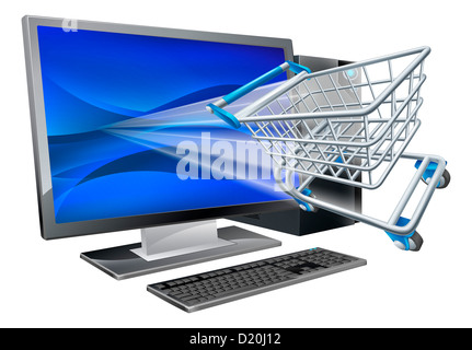 Ordinateur de bureau avec un super-marché panier trolley flying out de l'écran, en ligne shopping concept Banque D'Images
