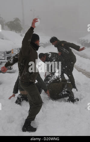 10 janvier 2013 - Hébron, en Cisjordanie, territoire palestinien - le personnel de sécurité palestinien s'engager dans une bataille de boules de neige près de leur siège dans la ville de Cisjordanie d'Hébron 10 janvier 2013. La plus haute altitude dans l'Autorité palestinienne et Israël, y compris Jérusalem, s'attendent à quelque 20 centimètres de neige au-dessus de nuit (crédit Image : © Mamoun Wazwaz APA/Images/ZUMAPRESS.com) Banque D'Images