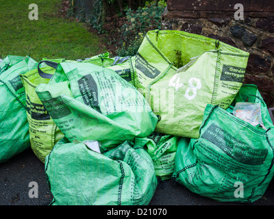 Des sacs contenant des déchets de jardin vert à l'extérieur en attente de maisons de collection. Banque D'Images