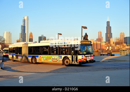 USA Illinois Chicago lever du soleil se reflète sur l'avant d'un bus CTA tournant à Chicago's Museum Campus. Chicago, Illinois, USA. Banque D'Images