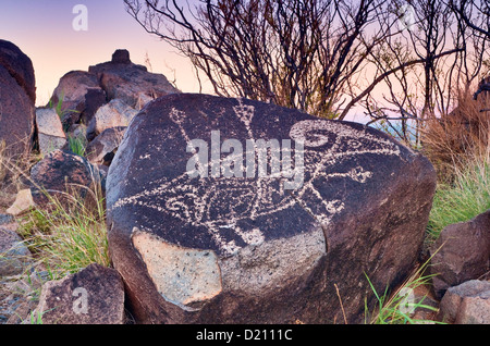 Le mouflon d'atteindre avec des flèches, Jornada Mogollon style rock art aux Trois Rivières Site de pétroglyphes, New Mexico, USA Banque D'Images