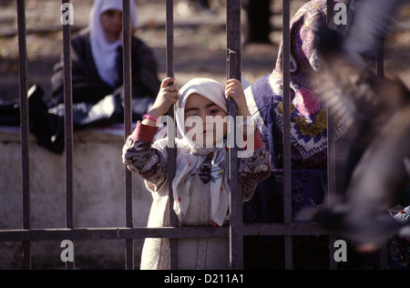 Jeune fille portant un hijab islamique traditionnelle coiffure regarder les pigeons voler dans un parc de Sultanahmet Istanbul Turquie Banque D'Images