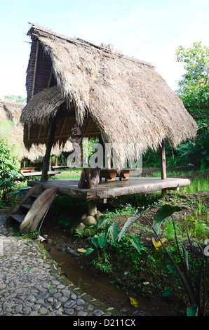 Architecture traditionnelle bambou Gazebo Sundanais, avec rizières le toit était fait de feuilles d'un cocotier. Banque D'Images