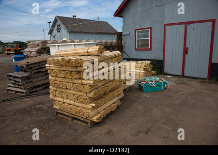 Des paquets de bâtons de bois, les matières premières pour faire des casiers à homard et des pièges, à Rustico, Î. Banque D'Images