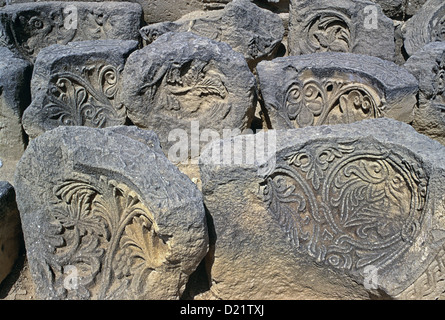 Reliefs antiques de Khirbat al-Mafjar populairement connu sous le nom de Hisham's Palace un début de l'Islam site archéologique près de Jéricho, en Cisjordanie Israël Banque D'Images