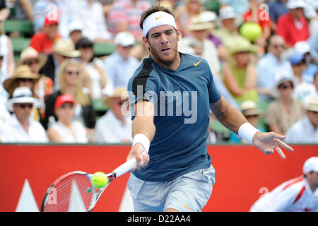 Melbourne, Australie. 12 janvier 2013. Juan Martin Del Potro de l'Argentine en action contre Lleyton Hewitt de l'Australie au cours de la finale du jeu de Tennis Classic de Kooyong. Banque D'Images