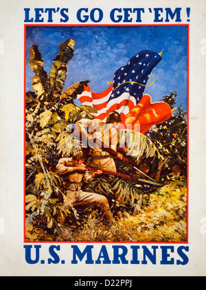 Let's go get 'em ! Les Marines américains de la DEUXIÈME GUERRE MONDIALE / USA Marines, de l'affiche 1942 affiche montrant des fusils avec baïonnettes roulement Marines et les drapeaux dans une jungle. Banque D'Images