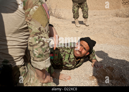 Un soldat de l'Armée nationale afghane parle de la lutte contre les engins explosifs improvisés des tactiques de l'appareil avec un membre de la force de coalition au cours de la formation dans la province de Farah, l'Afghanistan, Jan.10, 2013. Les forces de sécurité nationale afghanes ont été pris en main l'opéra de sécurité Banque D'Images