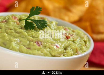 Guacamole maison, un Mexicain sauce faite d'avocat, l'oignon et la tomate, garni d'une feuille de coriandre fraîche, des nachos en retour Banque D'Images