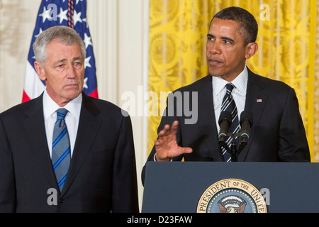 Le président Barack Obama nomme Chuck Hagel ou Secrétaire de la Défense. Banque D'Images
