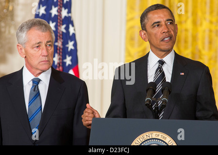 Le président Barack Obama nomme Chuck Hagel ou Secrétaire de la Défense. Banque D'Images