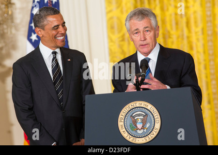 Le président Barack Obama nomme Chuck Hagel ou Secrétaire de la Défense. Banque D'Images