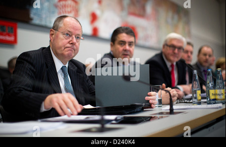 Candidat chancelier SPD Peer Steinbrueck (L-R), président du SPD, Sigmar Gabriel, président du groupe parlementaire SPD et Frank-Walter Steinmeier, assister à la conférence du groupe parlementaire SPD à Berlin, Allemagne, 11 janvier 2013. La conférence de deux jours des sociaux-démocrates se concentre sur les élections parlementaires de 2013. Photo : MICHAEL KAPPELER Banque D'Images