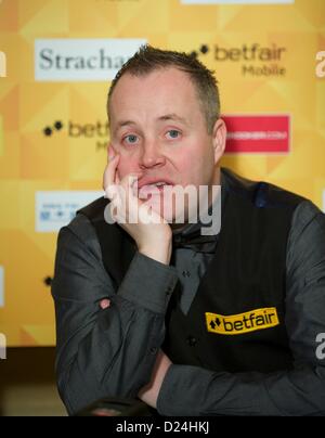 Londres, Royaume-Uni. 14 janvier 2013. John Higgins, OBE (SCO) lors de sa conférence de presse, après avoir gagné 6-3 lors de son match contre Allistair Carter (FRA) au Masters de Snooker Alexandra Palace. Banque D'Images