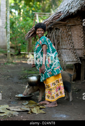 Alimentation Femme Cochon, île Trobriand, Papouasie Nouvelle Guinée Banque D'Images