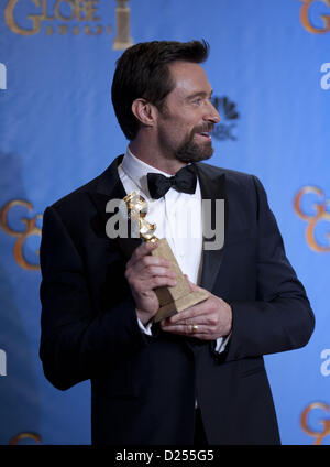 Los Angeles, Californie, USA. 13 janvier 2013. L'acteur Hugh Jackman, gagnant du meilleur acteur dans un film (comédie musicale ou Comédie) pour 'Les Miserables," pose dans la salle de presse annuelle lors de la 70e Golden Globe Awards qui a eu lieu au Beverly Hilton Hotel, le 13 janvier 2013 à Beverly Hills, Californie. ARMANDO ARORIZO/PI (crédit Image : © Armando Arorizo/Pi/Prensa Internacional/ZUMAPRESS.com) Banque D'Images