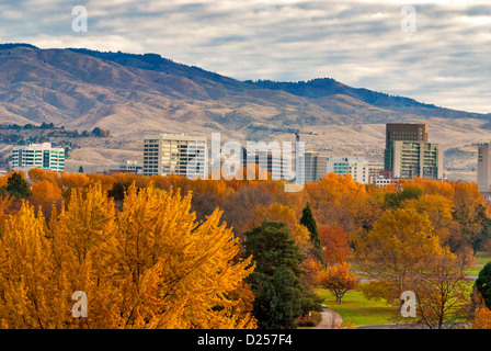 L'automne les arbres en premier plan de la ville de Boise IDAHO Banque D'Images