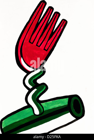 Abrégé Original couleur de l'eau et la peinture à la main ou un croquis d'une fourchette et tire bouchon Banque D'Images