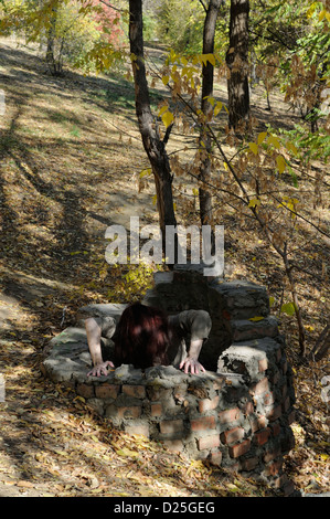 Quelqu'un avec de longs cheveux crawls out d'une brique bien dans les bois Banque D'Images