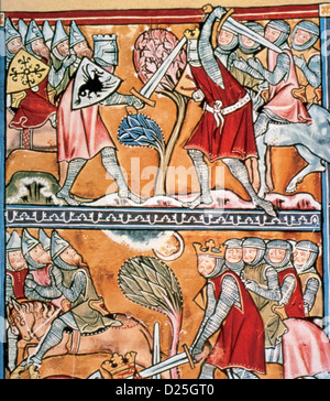 Charlemagne et les paladins luttant contre des prêtres. Miniature. 13e siècle. Banque D'Images
