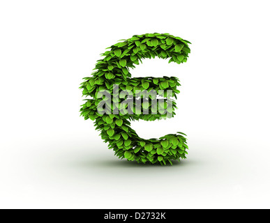 L'euro, l'alphabet de feuilles vert isolé sur fond blanc, minuscules Banque D'Images