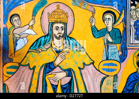 La peinture murale religieuse à l'Ura Kidane Meret sur l'Zege Nord, Lac Tana, en Éthiopie, en Afrique. Banque D'Images