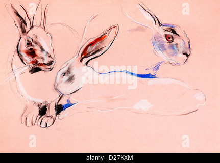 Pastel Original dessiné à la main et travail de peinture ou dessin de lapin (Bunny) aux yeux rouges.la composition libre Banque D'Images