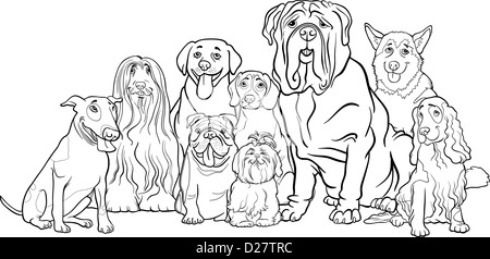 Illustration Cartoon noir et blanc de Pure Race chiots chiens drôles ou Groupe pour Coloring Book Banque D'Images