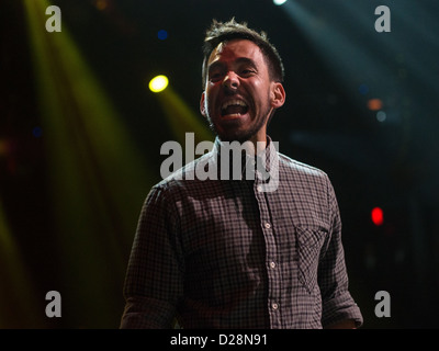 Linkin Park chanteur Mike Shinoda sur scène lors d'un concert à Moody Theater à Austin, Texas Banque D'Images