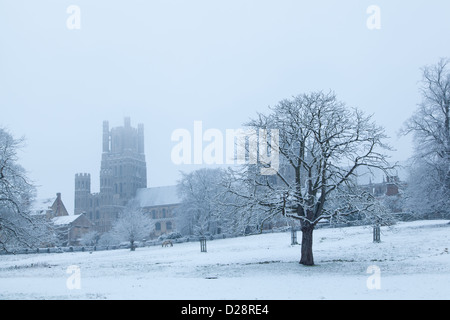 Cathédrale d'Ely Cambridge dans la neige Banque D'Images